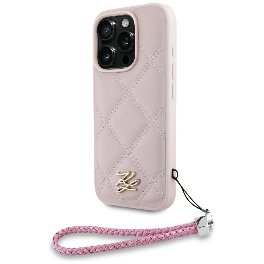 Etui na Apple iPhone 16 Pro, Karl Lagerfeld, Quilted Initial Logo & Chain Strap, Różowy