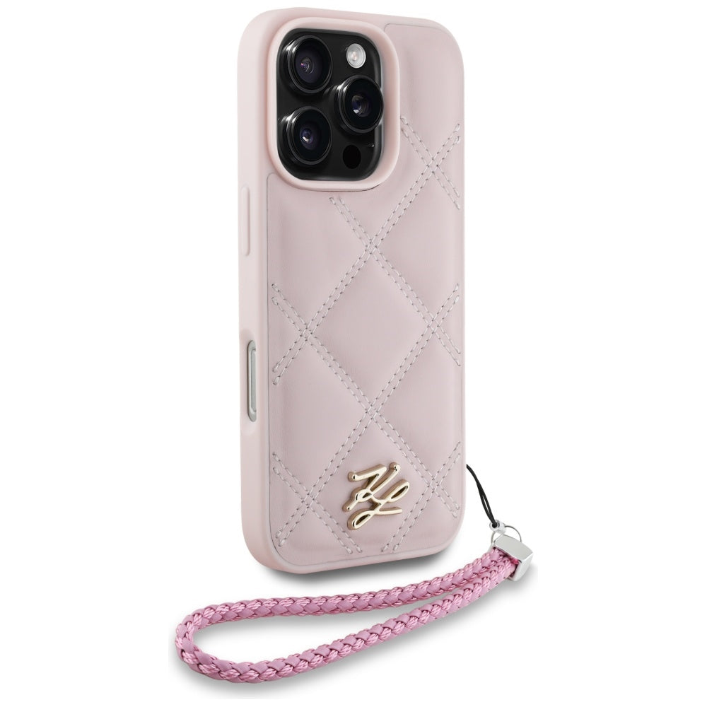 Etui na Apple iPhone 16 Pro, Karl Lagerfeld, Quilted Initial Logo & Chain Strap, Różowy