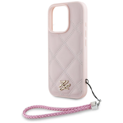 Etui na Apple iPhone 16 Pro, Karl Lagerfeld, Quilted Initial Logo & Chain Strap, Różowy