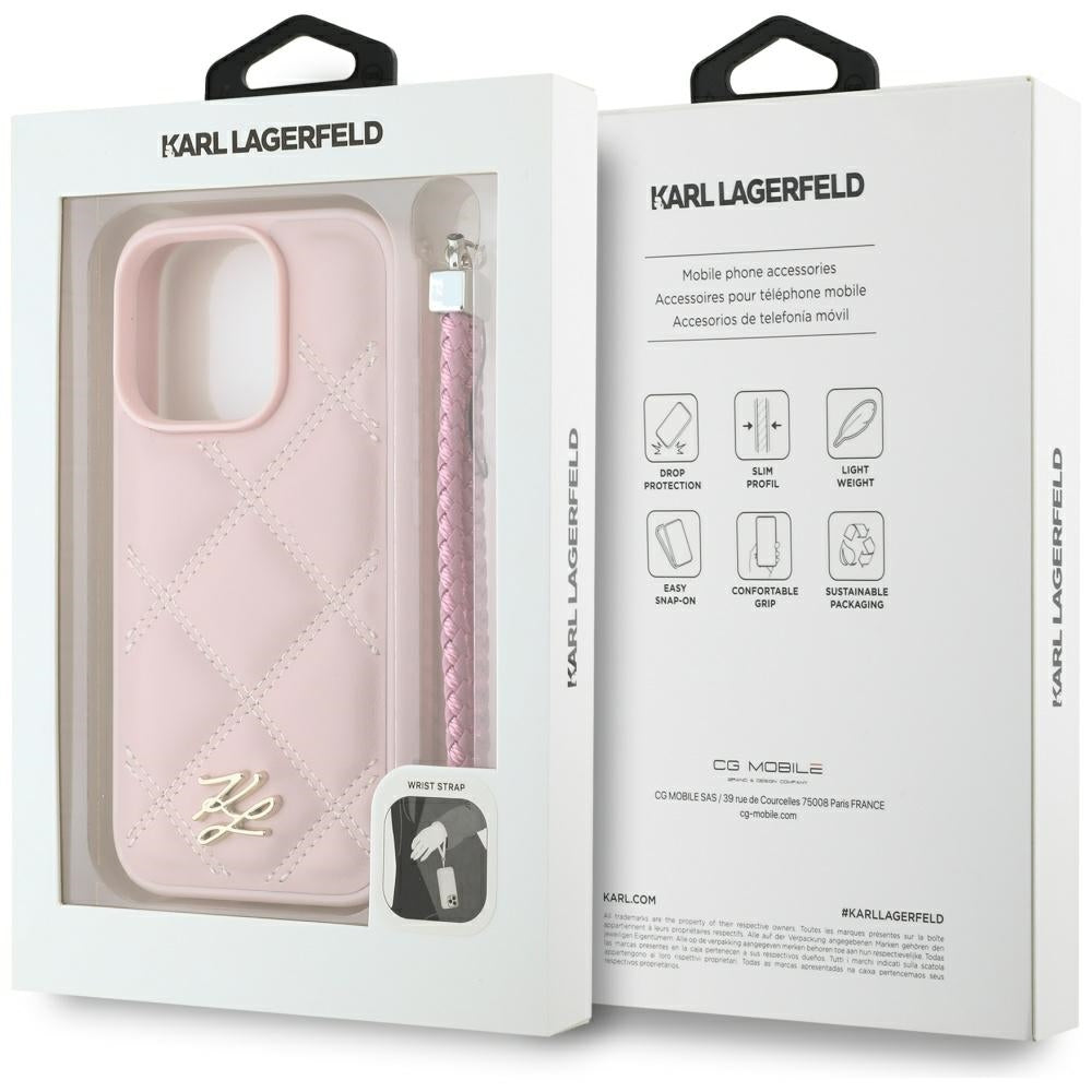 Etui na Apple iPhone 16 Pro, Karl Lagerfeld, Quilted Initial Logo & Chain Strap, Różowy