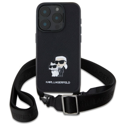 Etui na Apple iPhone 16 Pro, Karl Lagerfeld, Saffiano Crossbody Metal Pin Karl & Choupette, Czarne