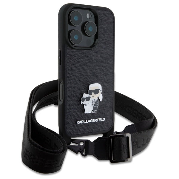 Etui na Apple iPhone 16 Pro, Karl Lagerfeld, Saffiano Crossbody Metal Pin Karl & Choupette, Czarne