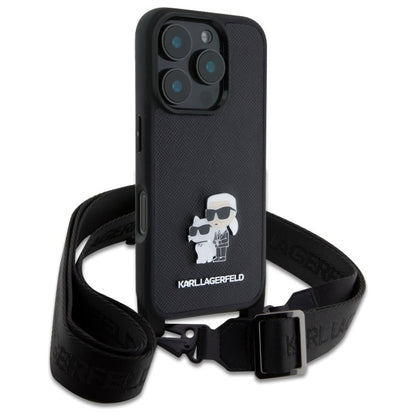Etui na Apple iPhone 16 Pro, Karl Lagerfeld, Saffiano Crossbody Metal Pin Karl & Choupette, Czarne