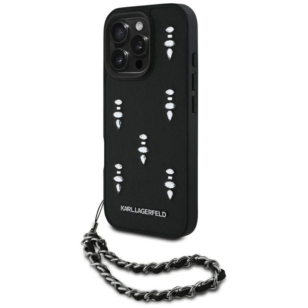 Etui na Apple iPhone 16 Pro, Karl Lagerfeld, Saffiano Crystals & Charm, Czarne