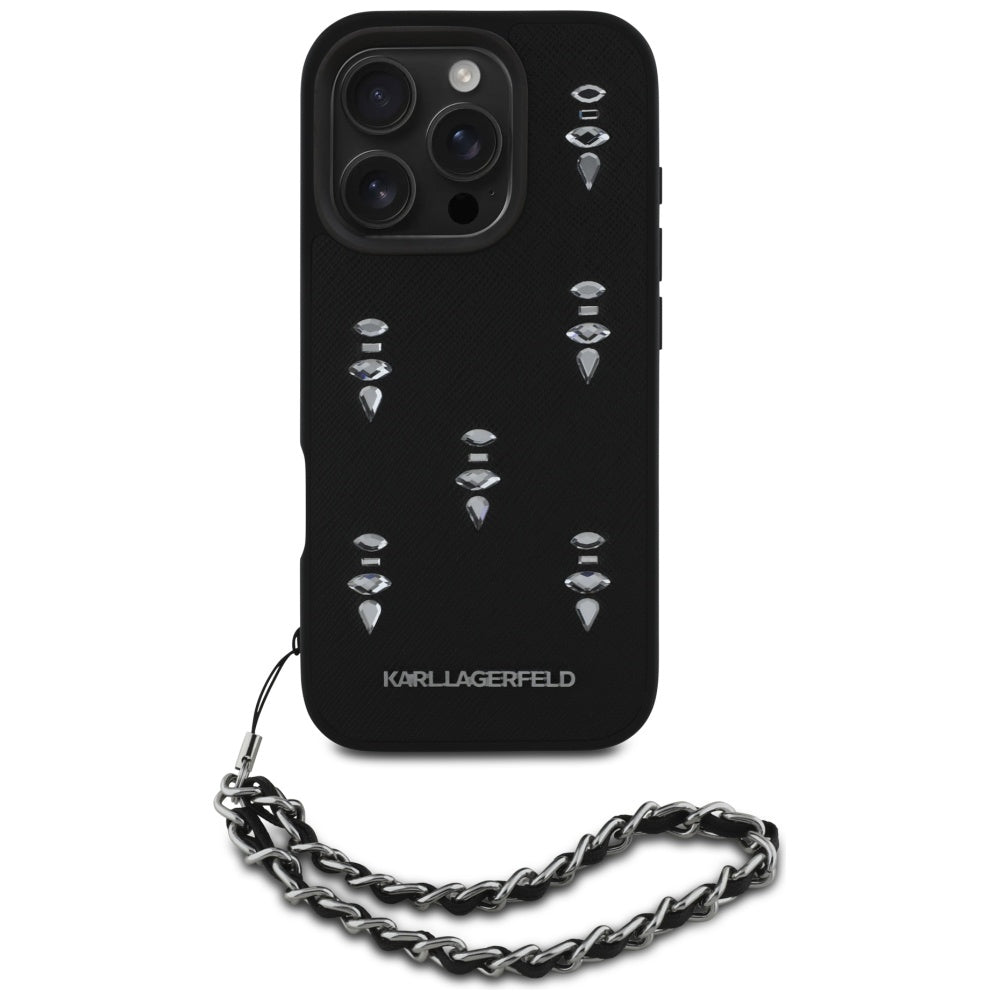 Etui na Apple iPhone 16 Pro, Karl Lagerfeld, Saffiano Crystals & Charm, Czarne