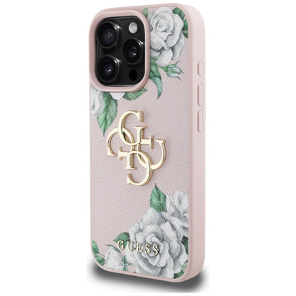 Etui na Apple iPhone 16 Pro Max, Guess, 4G Grained Roses Big Logo, Różowy