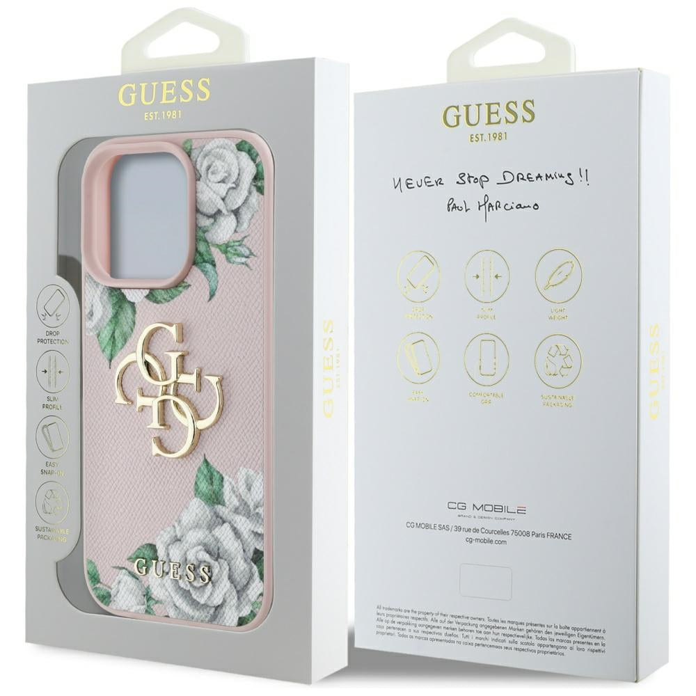 Etui na Apple iPhone 16 Pro Max, Guess, 4G Grained Roses Big Logo, Różowy