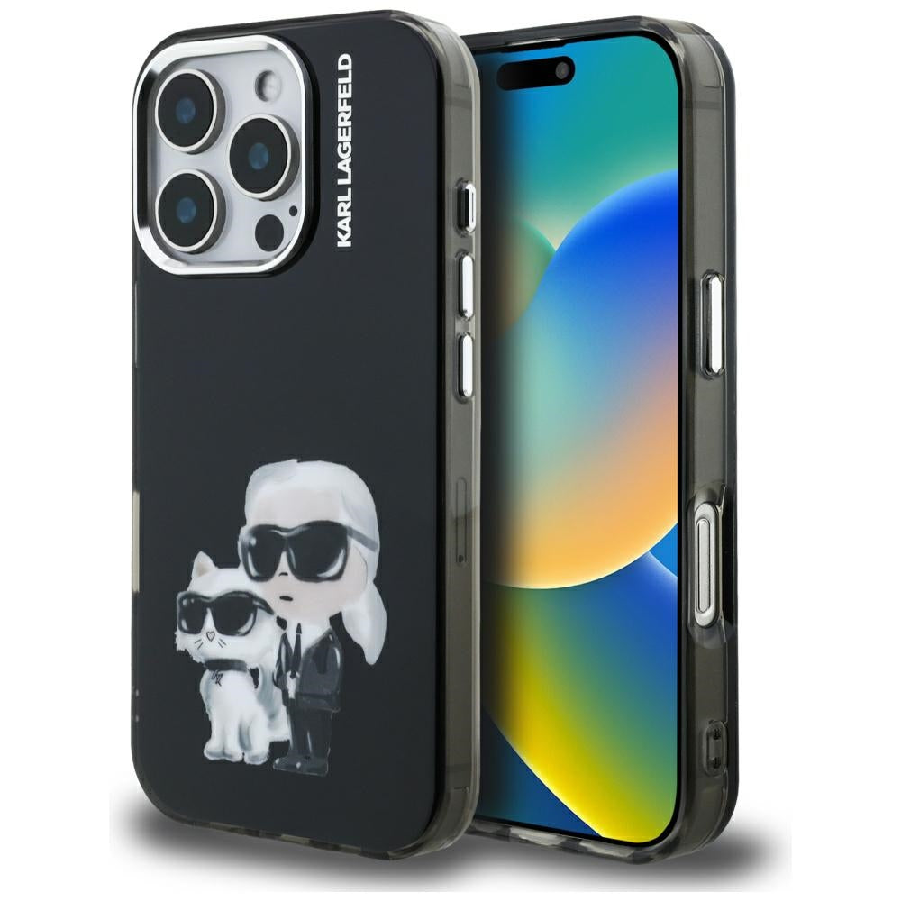 Case for Apple iPhone 16 Pro Max, Karl Lagerfeld, IML Aquarelle Logo Karl & Choupette, Black