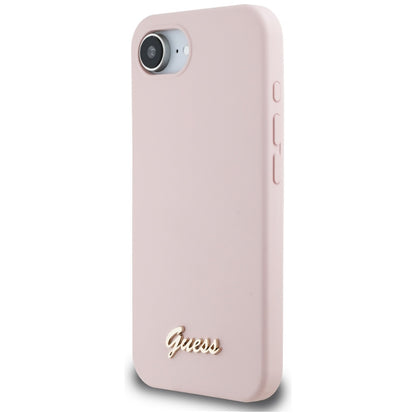 Etui na Apple iPhone 16e, Guess, Script Metal Logo, Różowy