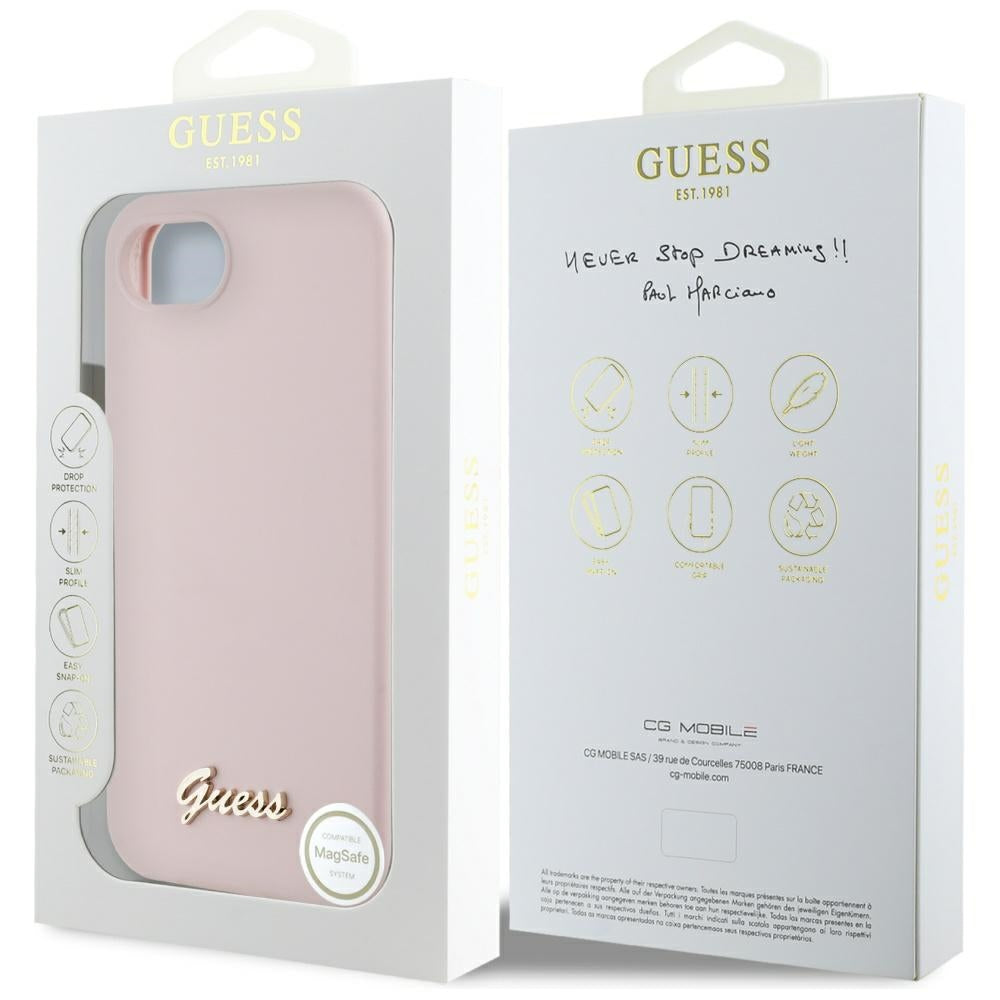 Etui na Apple iPhone 16e, Guess, Script Metal Logo, Różowy