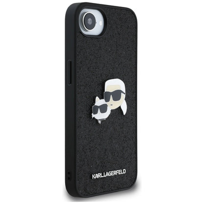 Etui na Apple iPhone 16e, Karl Lagerfeld, Glitter Fixed Karl & Choupette's Heads, Niebieskie