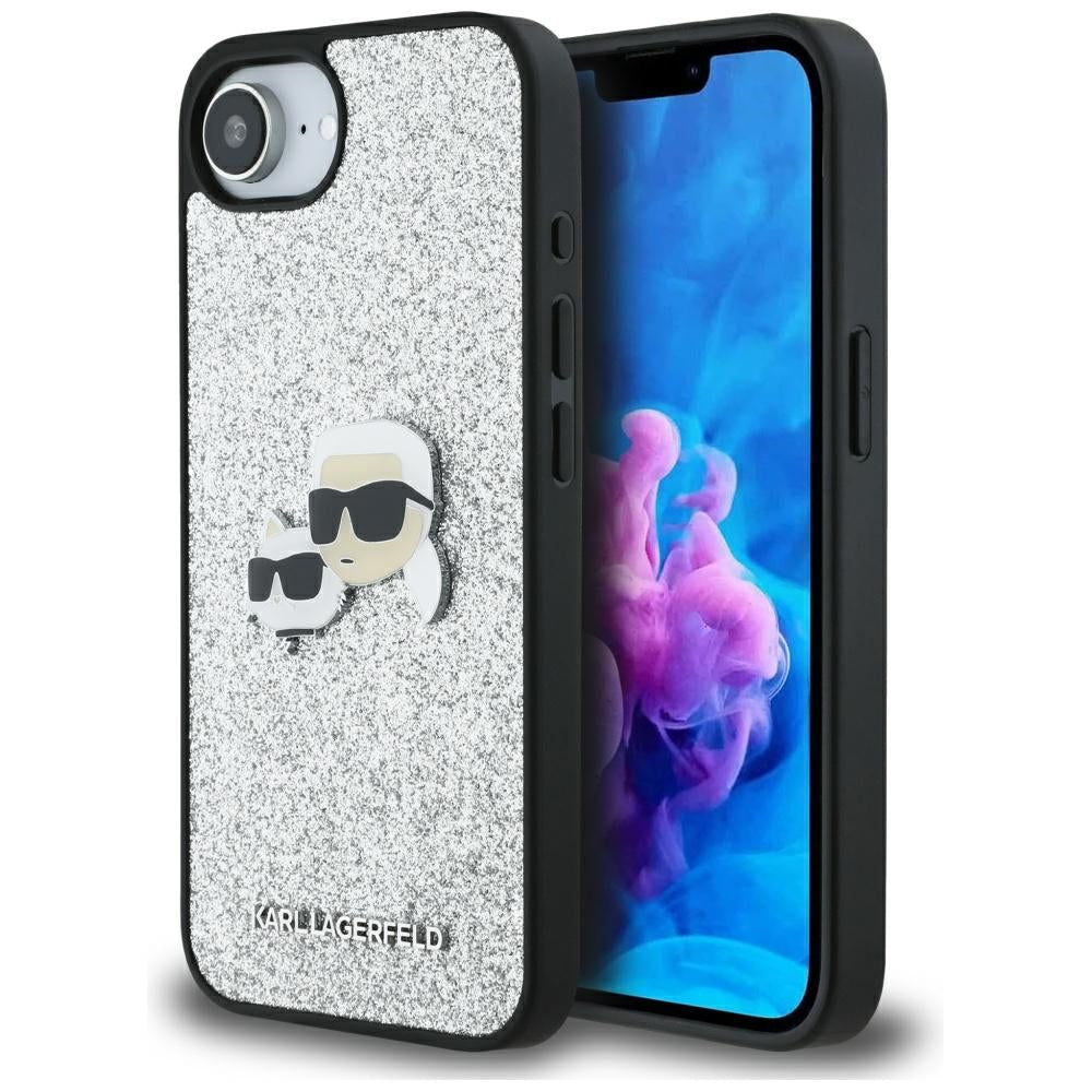 Case for Apple iPhone 16e, Karl Lagerfeld, Glitter Fixed Karl & Choupette's Heads, Silver