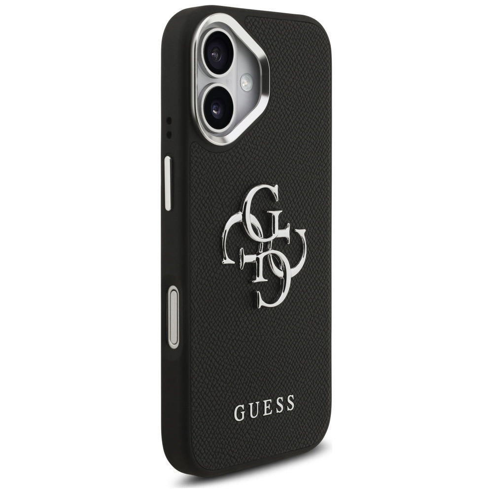 Etui na Apple iPhone 17, Guess, 4G Grained Big and Classic Logo, Czarne Srebrzyste