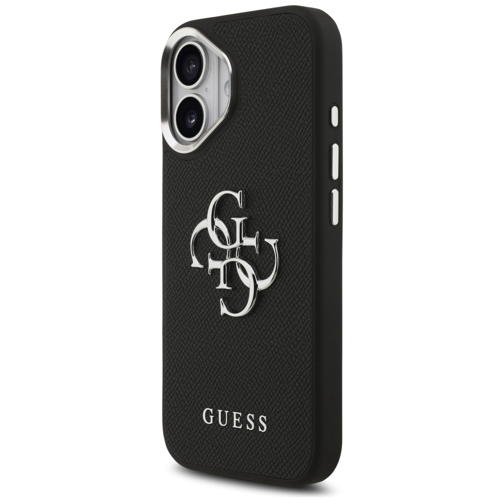 Etui na Apple iPhone 17, Guess, 4G Grained Big and Classic Logo, Czarne Srebrzyste