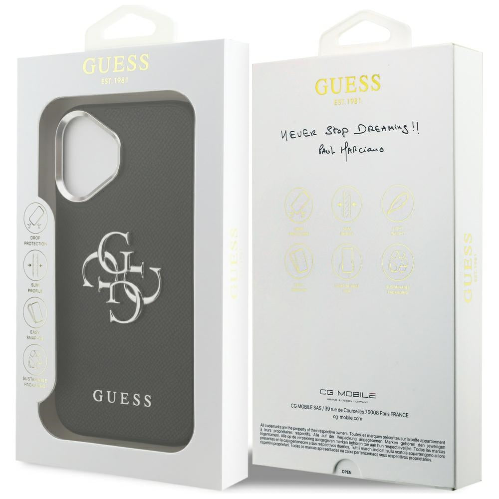 Etui na Apple iPhone 17, Guess, 4G Grained Big and Classic Logo, Czarne Srebrzyste