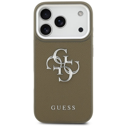 Etui na Apple iPhone 17 Pro, Guess, 4G Grained Big And Classic Logo, Brązowo-Srebrne