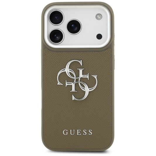 Etui na Apple iPhone 17 Pro, Guess, 4G Grained Big And Classic Logo, Brązowo-Srebrne