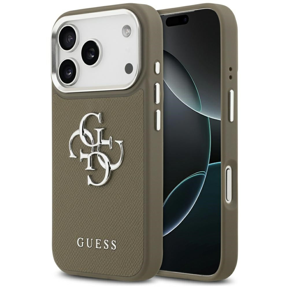 Etui na Apple iPhone 17 Pro, Guess, 4G Grained Big And Classic Logo, Brązowo-Srebrne