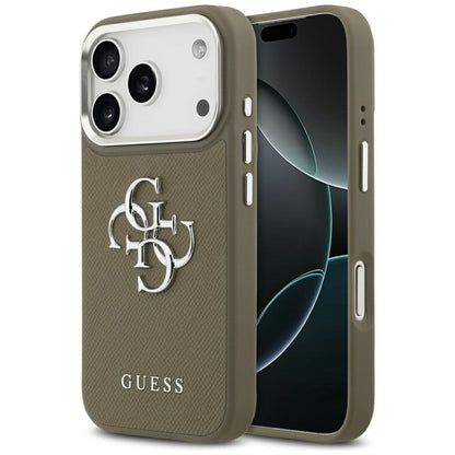 Etui na Apple iPhone 17 Pro, Guess, 4G Grained Big And Classic Logo, Brązowo-Srebrne
