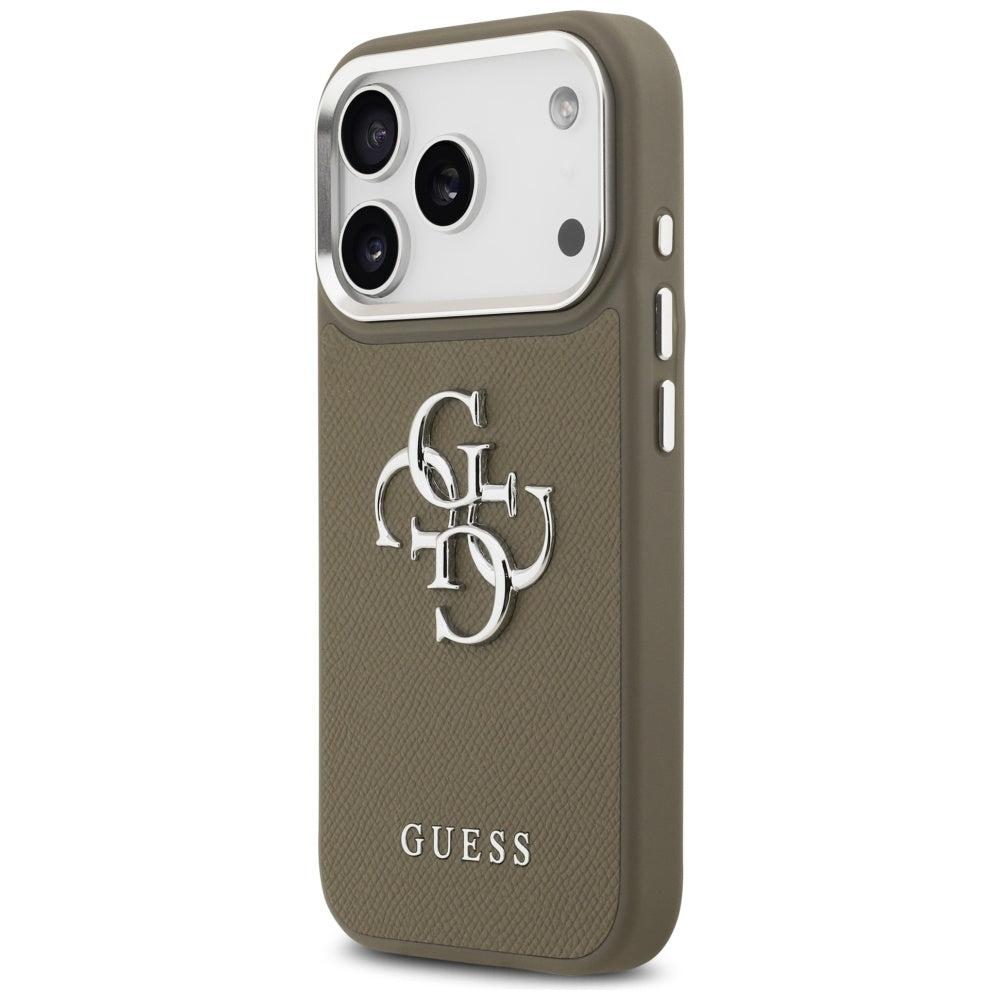 Etui na Apple iPhone 17 Pro, Guess, 4G Grained Big And Classic Logo, Brązowo-Srebrne