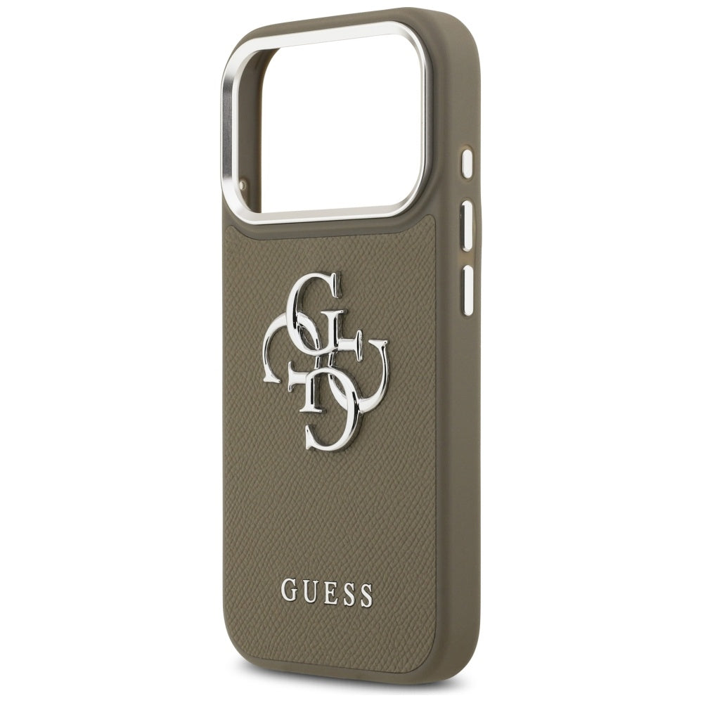 Etui na Apple iPhone 17 Pro, Guess, 4G Grained Big And Classic Logo, Brązowo-Srebrne