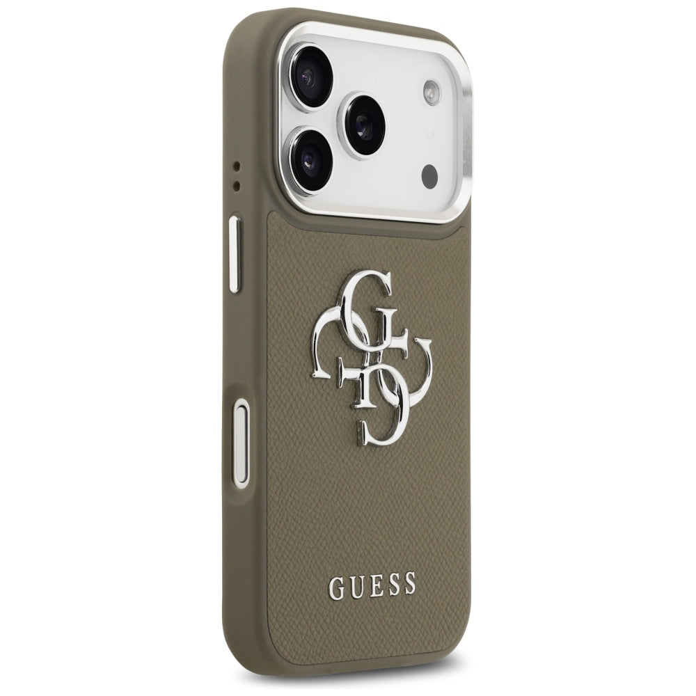 Etui na Apple iPhone 17 Pro, Guess, 4G Grained Big And Classic Logo, Brązowo-Srebrne