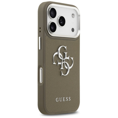 Etui na Apple iPhone 17 Pro, Guess, 4G Grained Big And Classic Logo, Brązowo-Srebrne