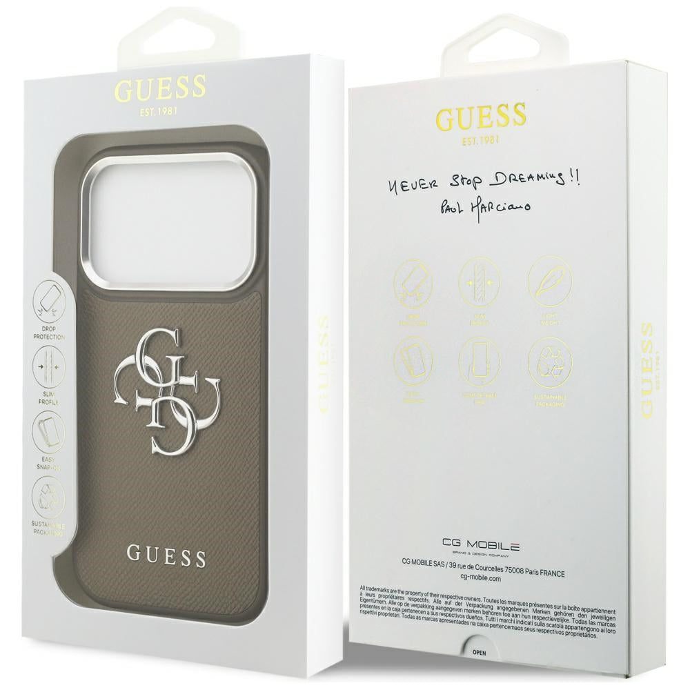 Etui na Apple iPhone 17 Pro, Guess, 4G Grained Big And Classic Logo, Brązowo-Srebrne