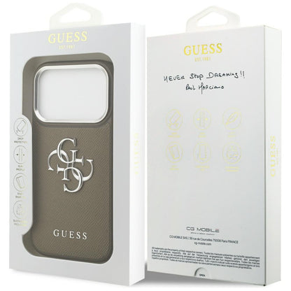 Etui na Apple iPhone 17 Pro, Guess, 4G Grained Big And Classic Logo, Brązowo-Srebrne