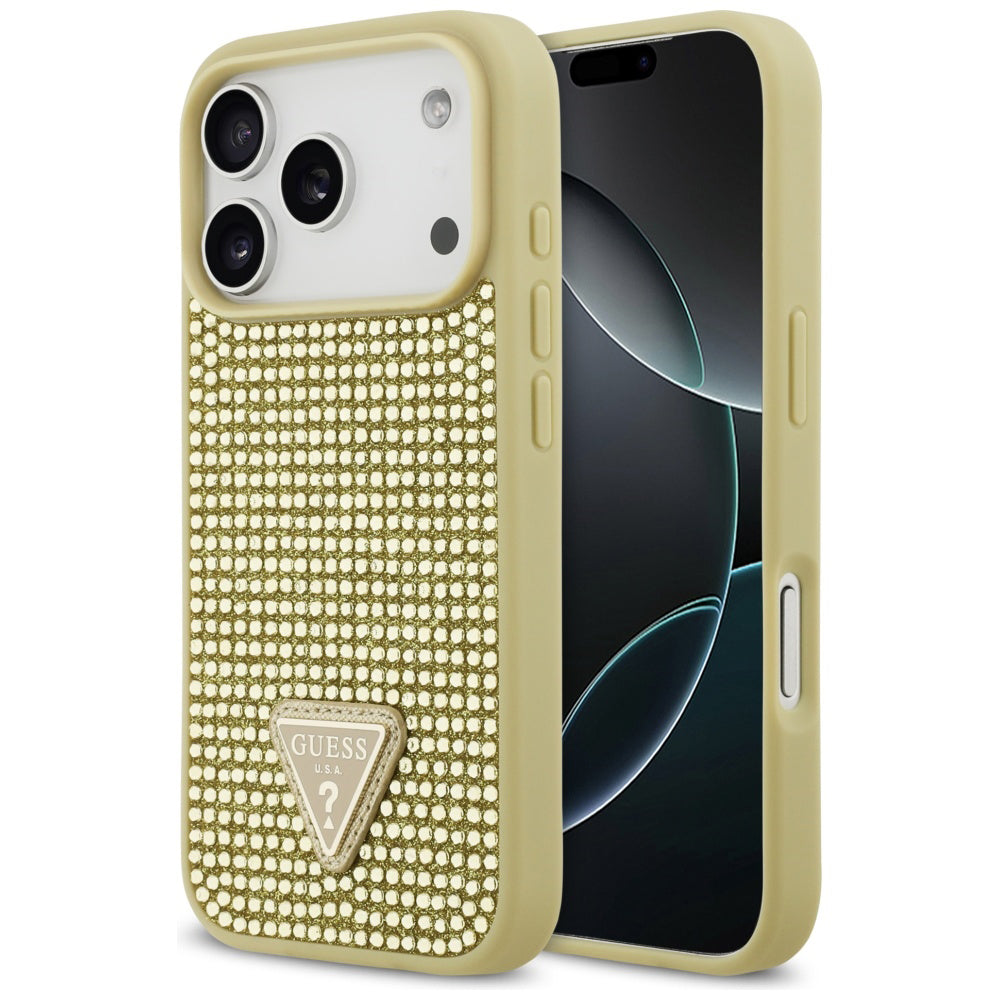 Etui na Apple iPhone 17 Pro, Guess, Rhinestone Triangle Logo, Złote