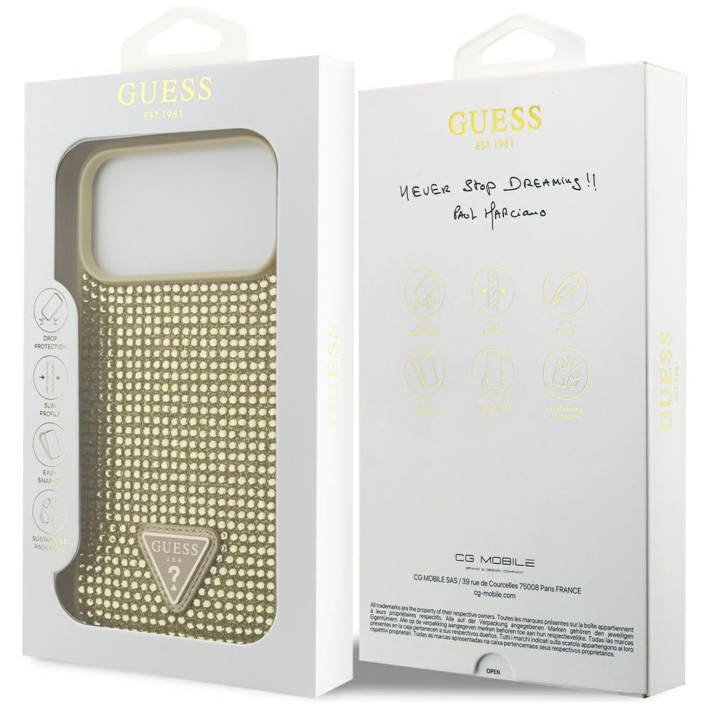 Etui na Apple iPhone 17 Pro, Guess, Rhinestone Triangle Logo, Złote