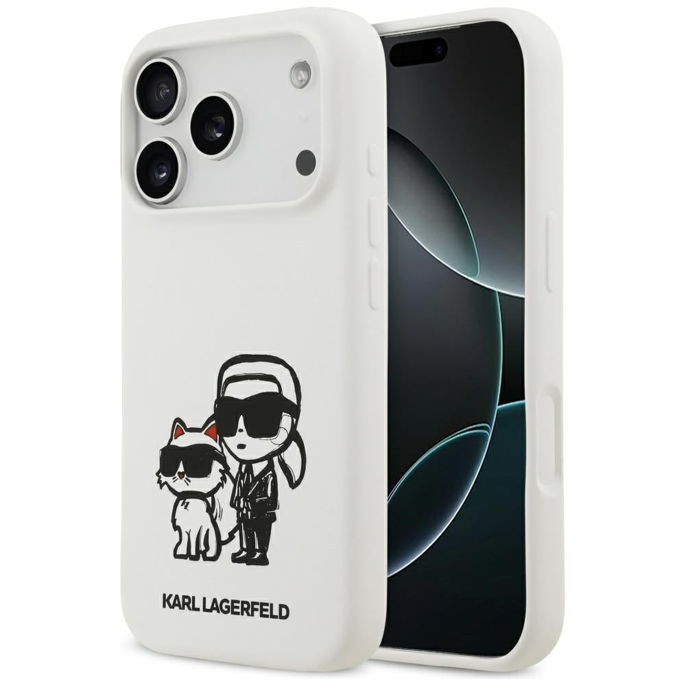 Etui na Apple iPhone 17 Pro, Karl Lagerfeld, Sketch and Logo Karl & Choupette, Białe
