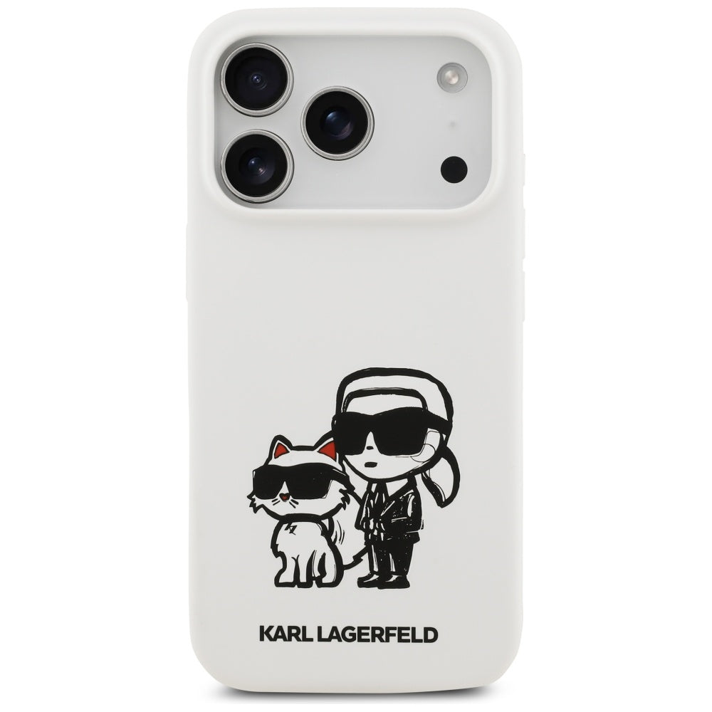 Etui na Apple iPhone 17 Pro, Karl Lagerfeld, Sketch and Logo Karl & Choupette, Białe