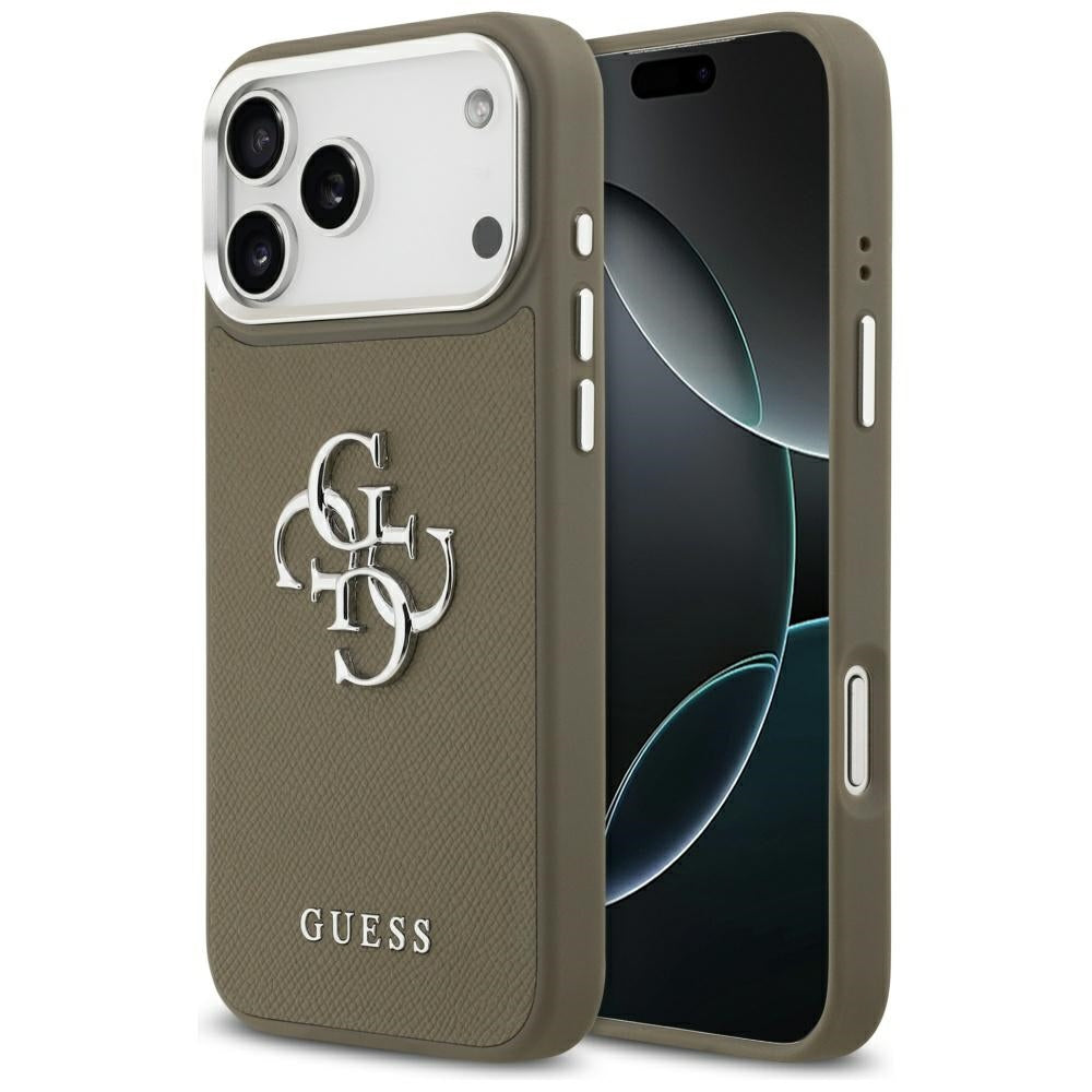 Etui na Apple iPhone 17 Pro Max, Guess, 4G Grained Big And Classic Logo, Brązowo-Srebrne