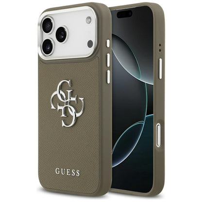 Etui na Apple iPhone 17 Pro Max, Guess, 4G Grained Big And Classic Logo, Brązowo-Srebrne