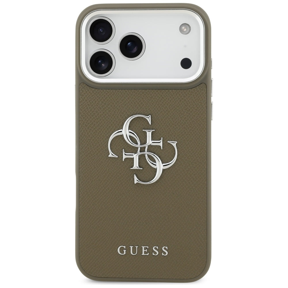Etui na Apple iPhone 17 Pro Max, Guess, 4G Grained Big And Classic Logo, Brązowo-Srebrne