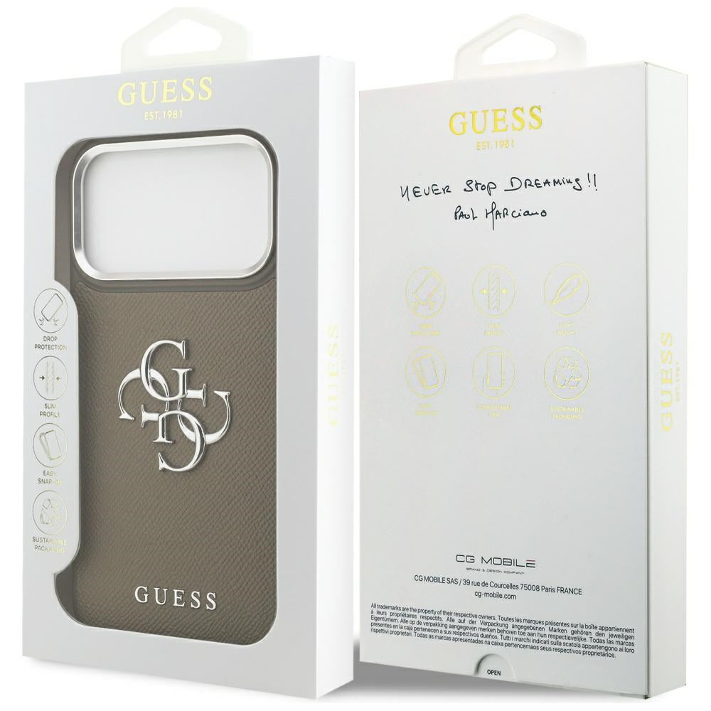 Etui na Apple iPhone 17 Pro Max, Guess, 4G Grained Big And Classic Logo, Brązowo-Srebrne