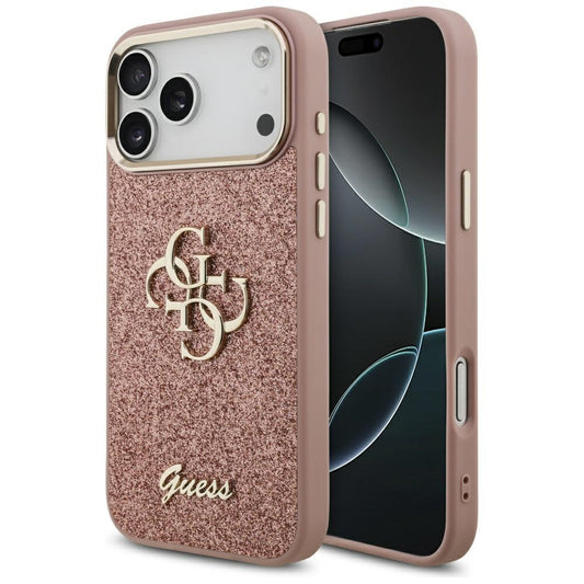 Case for Apple iPhone 17 Pro Max, Guess, Fixed Glitter Big 4G Metal Frame, Pink