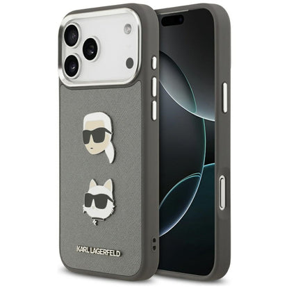 Case for Apple iPhone 17 Pro Max, Karl Lagerfeld, Grained Karl & Choupette's Heads Pins and Logo, Grey