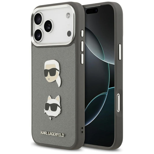 Case for Apple iPhone 17 Pro Max, Karl Lagerfeld, Grained Karl & Choupette's Heads Pins and Logo, Grey