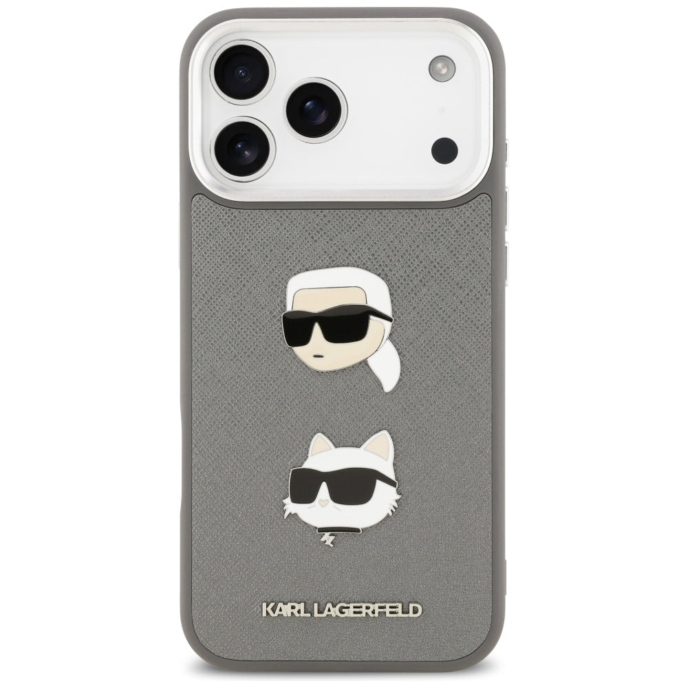 Case for Apple iPhone 17 Pro Max, Karl Lagerfeld, Grained Karl & Choupette's Heads Pins and Logo, Grey