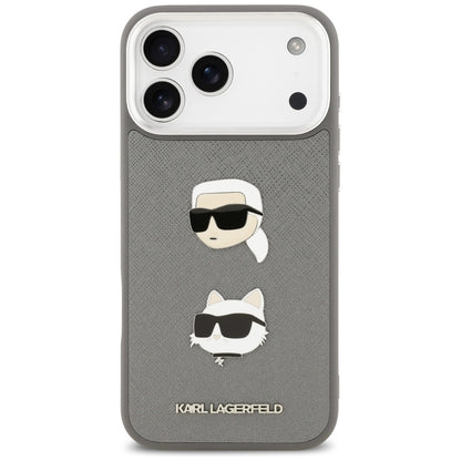 Case for Apple iPhone 17 Pro Max, Karl Lagerfeld, Grained Karl & Choupette's Heads Pins and Logo, Grey
