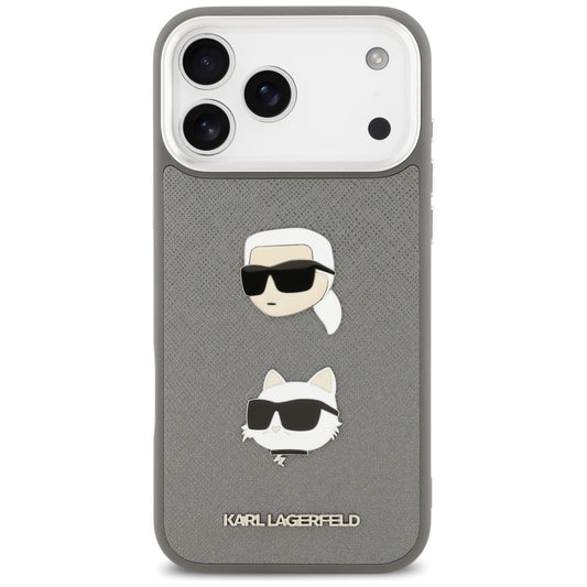 Case for Apple iPhone 17 Pro Max, Karl Lagerfeld, Grained Karl & Choupette's Heads Pins and Logo, Grey
