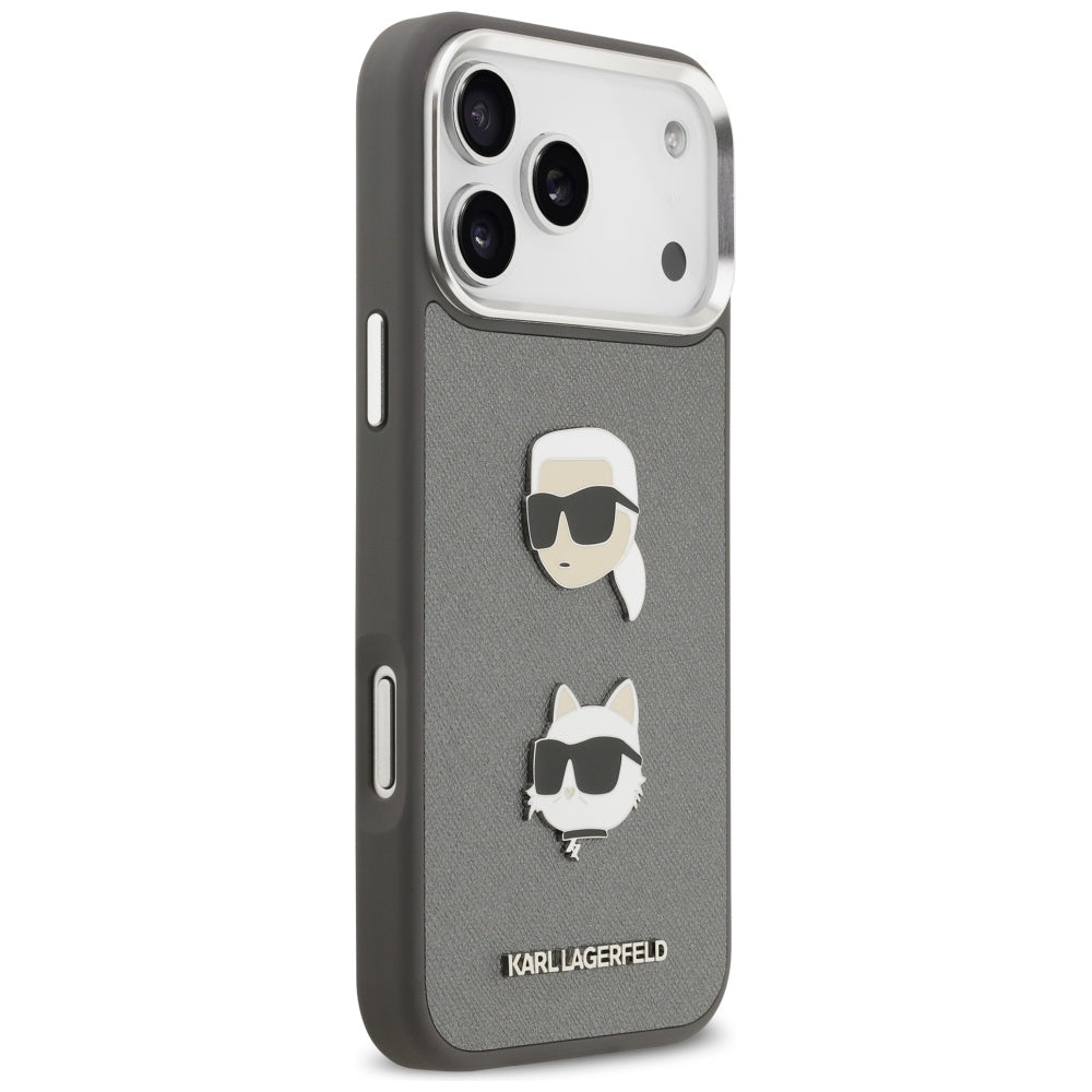 Case for Apple iPhone 17 Pro Max, Karl Lagerfeld, Grained Karl & Choupette's Heads Pins and Logo, Grey