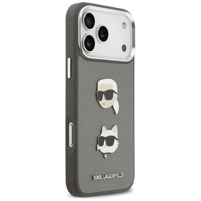Case for Apple iPhone 17 Pro Max, Karl Lagerfeld, Grained Karl & Choupette's Heads Pins and Logo, Grey