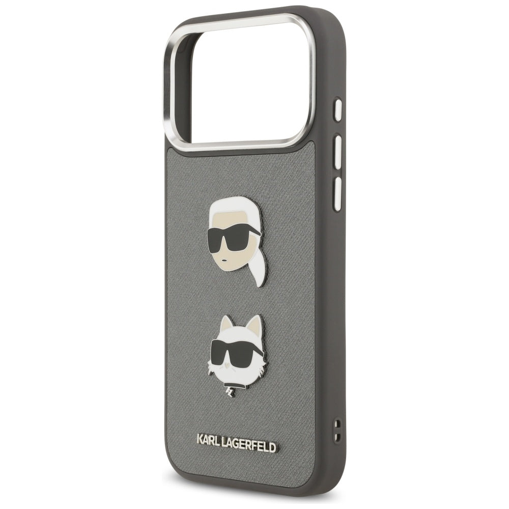 Case for Apple iPhone 17 Pro Max, Karl Lagerfeld, Grained Karl & Choupette's Heads Pins and Logo, Grey