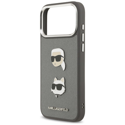 Case for Apple iPhone 17 Pro Max, Karl Lagerfeld, Grained Karl & Choupette's Heads Pins and Logo, Grey