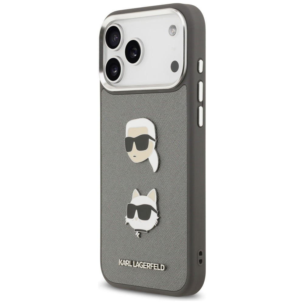 Case for Apple iPhone 17 Pro Max, Karl Lagerfeld, Grained Karl & Choupette's Heads Pins and Logo, Grey