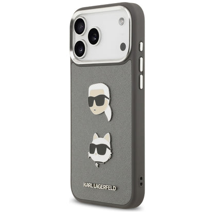 Case for Apple iPhone 17 Pro Max, Karl Lagerfeld, Grained Karl & Choupette's Heads Pins and Logo, Grey