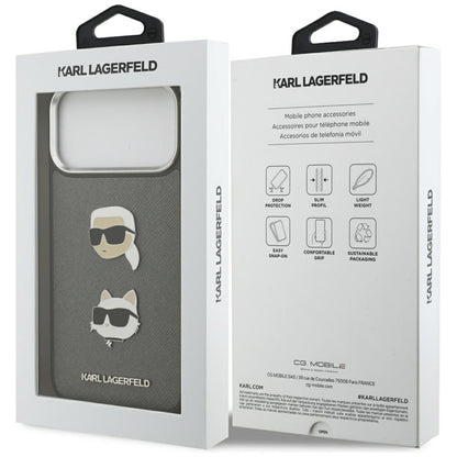 Case for Apple iPhone 17 Pro Max, Karl Lagerfeld, Grained Karl & Choupette's Heads Pins and Logo, Grey